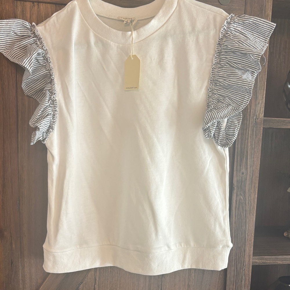 JODIFL White Top with Striped Ruffle Sleeves